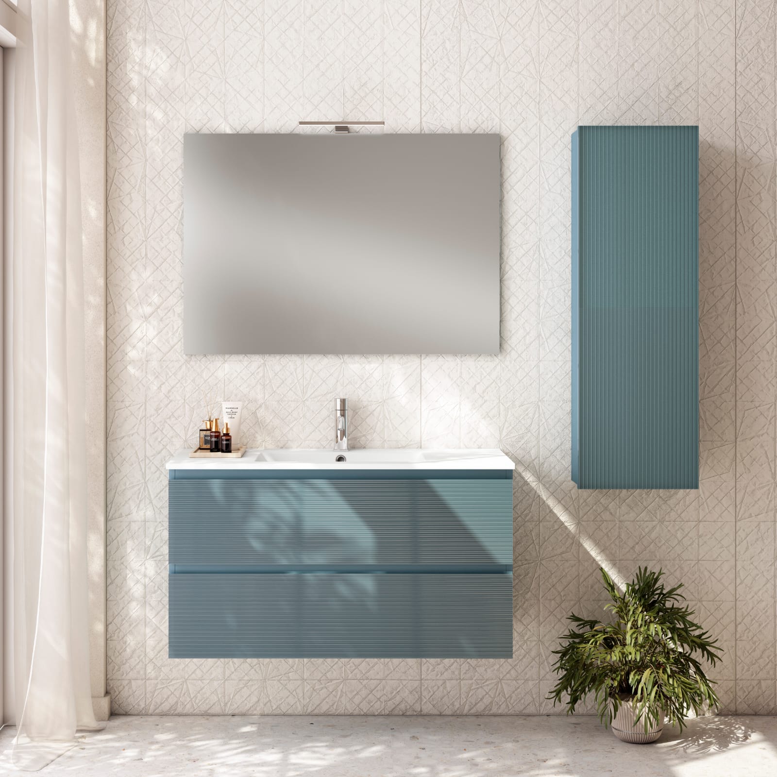 Mueble Solano 2 Cajones de 100 cm. Lacado Azul, Frente de Cristal Ondulado