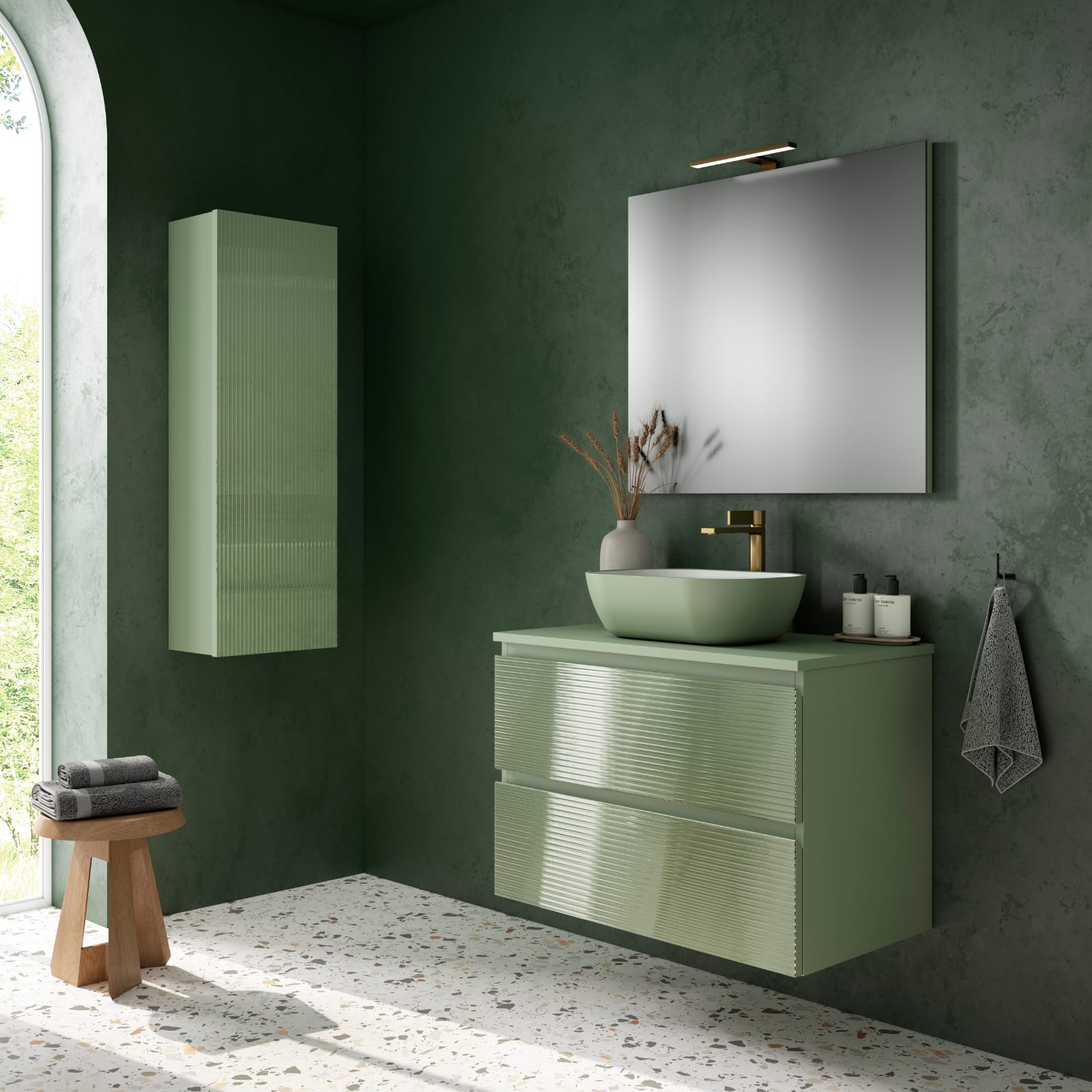 Mueble Solano 2 Cajones de 80 cm. Verde Atlántico, Frente de Cristal Ondulado