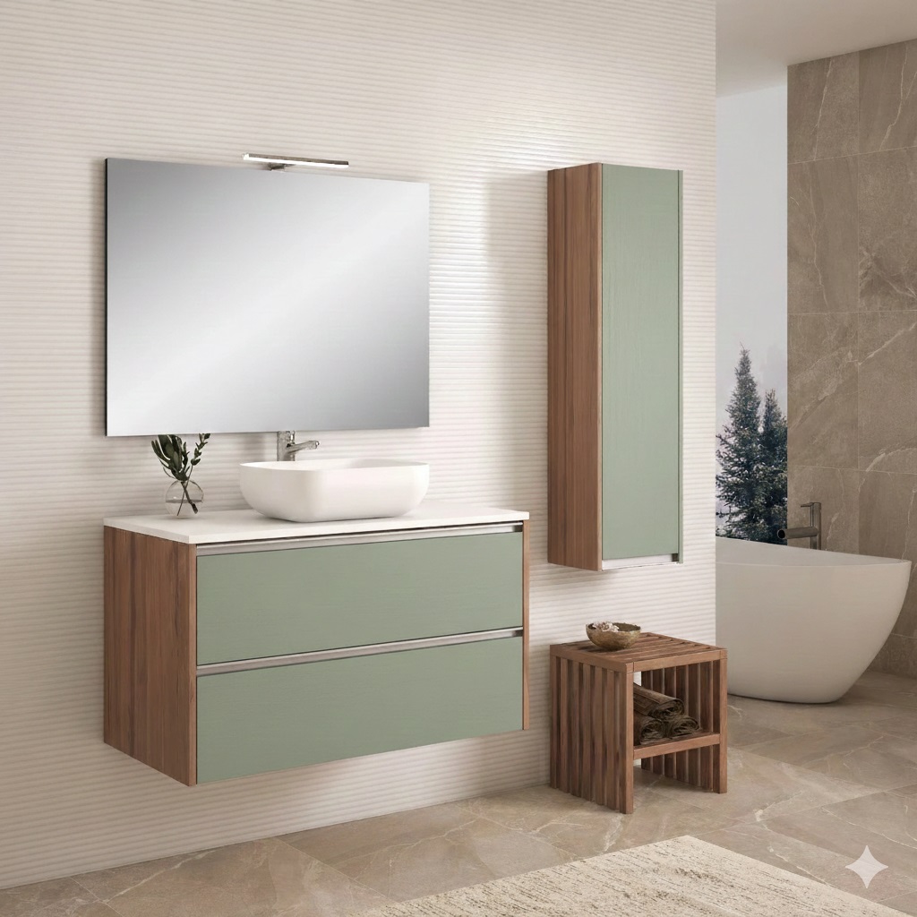 Mueble de 100 cm. Acabado Verde / Olmo Sabi / Tirtador Ankara Cromo